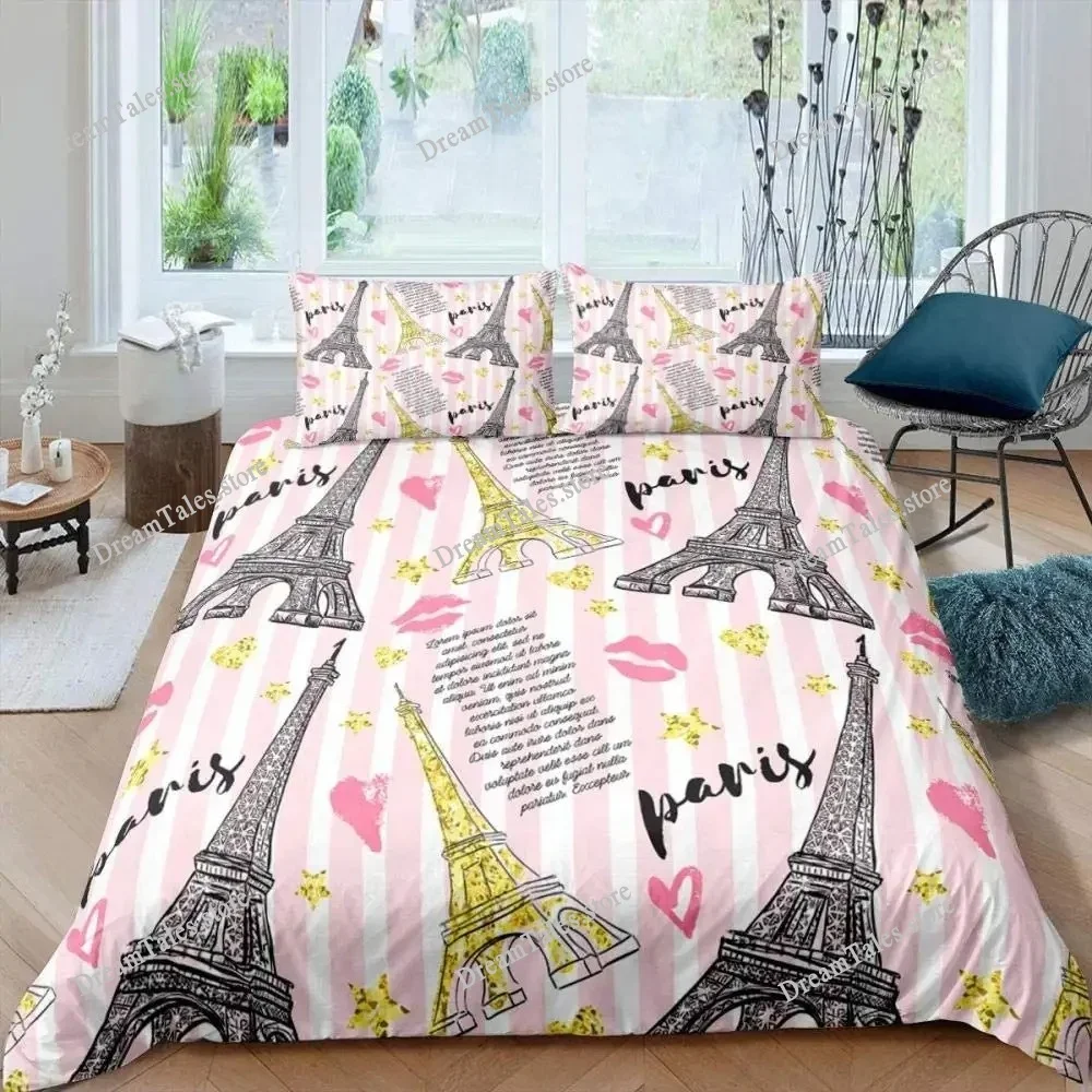 Eiffel Tower Duvet Cover Rose Paris Tower Bedding Set for Kids Boys Girls Comforter Cover French Paris Cityscape Bedspread Cover