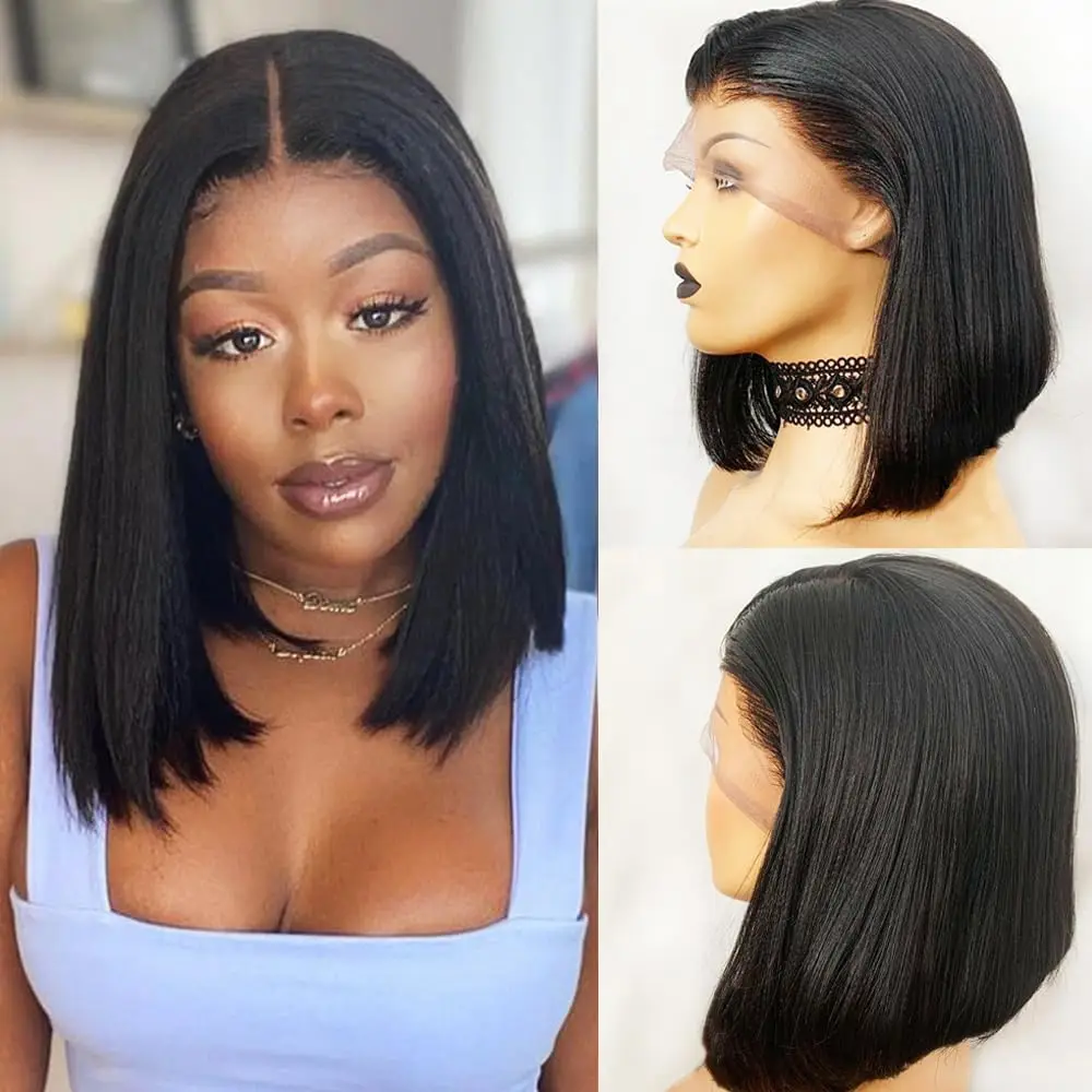 

Yaki Straight Bob 13x4 Lace Frontal Human Hair Wig 180% Density Pre Plucked with Baby Hair For Women Brazilian Natural Color