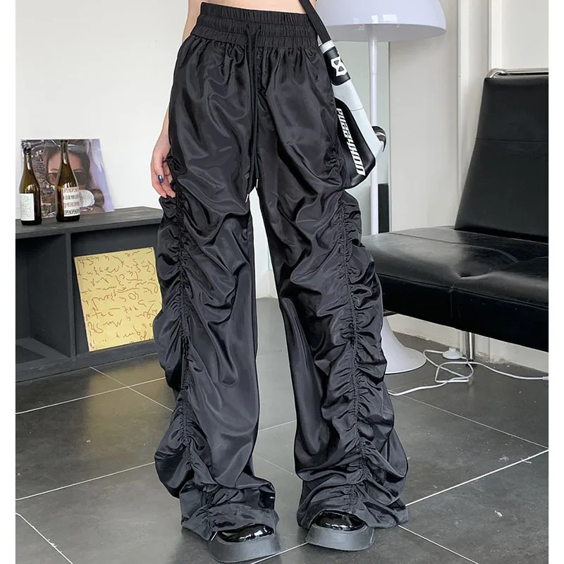 Y2K Gothic Cargo Pants Women Drawstring American Streetwear Black High Waisted Wide Leg Trousers Fashion Harajuku Pants