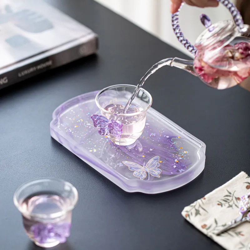 Glass Butterfly Storage Tray Rectangular Tea Table Dry Brew Platform Kung Fu Tea Serving Plate Elegant Home Tea Decor Ornament