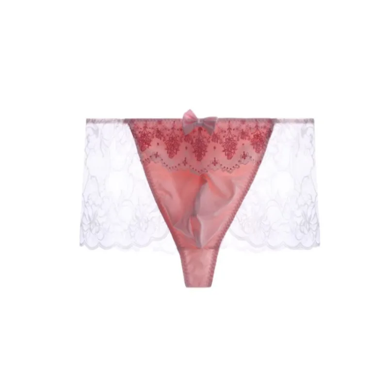 Men's Sexy Lace Thong Mid Low Waist Exquisite Embroidery Bow T-back Comfortable Sweet Cute G-string