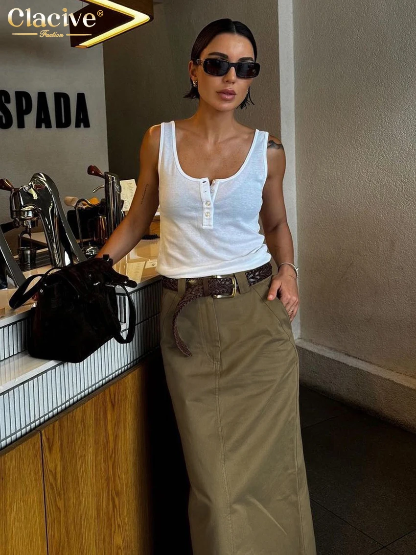 Clacive Fashion Loose Khaki Cotton Women\'s Skirt 2024 Casual High Waist Long Skirts Elegant Classic Solid Skirt Female Clothing