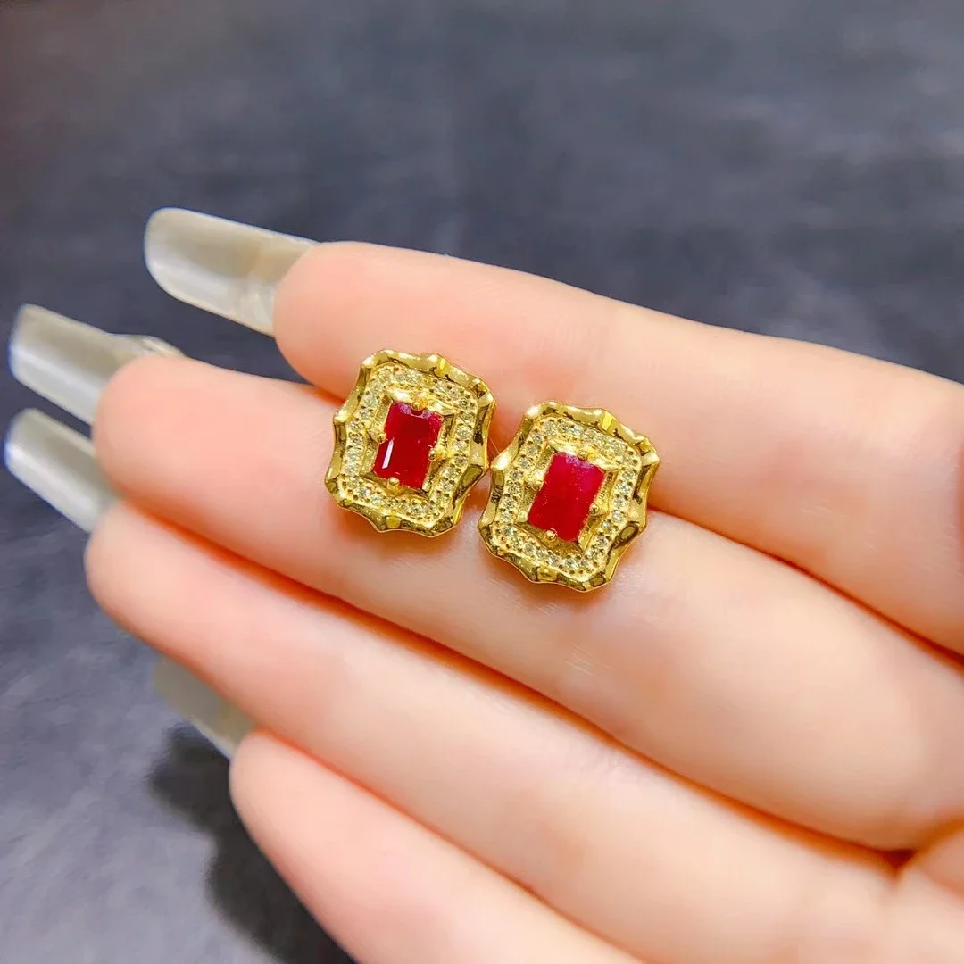 Total 1.1ct Natural Ruby Earrings for Wedding 4mm*6mm Myanmar Ruby 925 Silver Earrings Antiallergic 3 Layers 18K Gold Plating