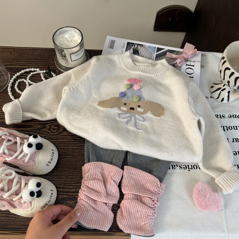 

Toddler Kids Girls 2PCS Autumn Knitting Cartoon Embroidery Children Girls Versatile Sweater Ins Casual Teenager Girls Leggings