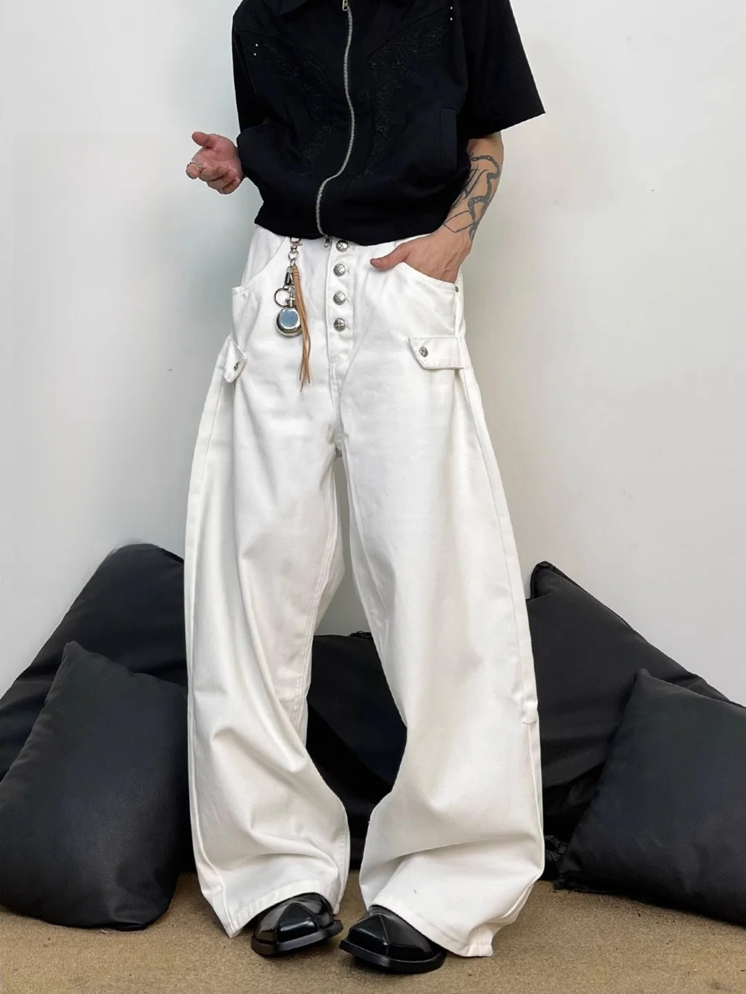 American Retro Wide Leg Knife Jeans Men's Loose Straight Tube Pants Women's Silhouette Fashionable Youth Cotton Denim