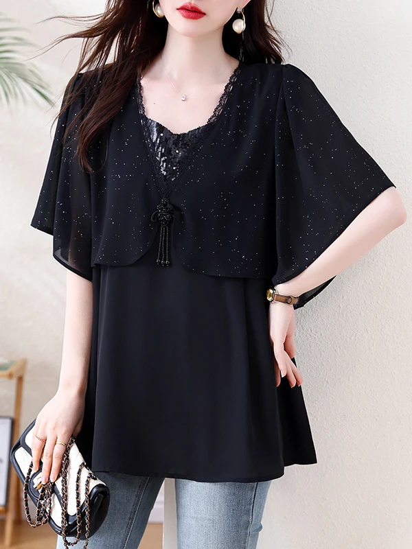 

Women's Large Size V-neck Lace Chiffon Top Sequin Fake Two-piece Elegant Fashionable Small Shirt French Style Short Sleeve