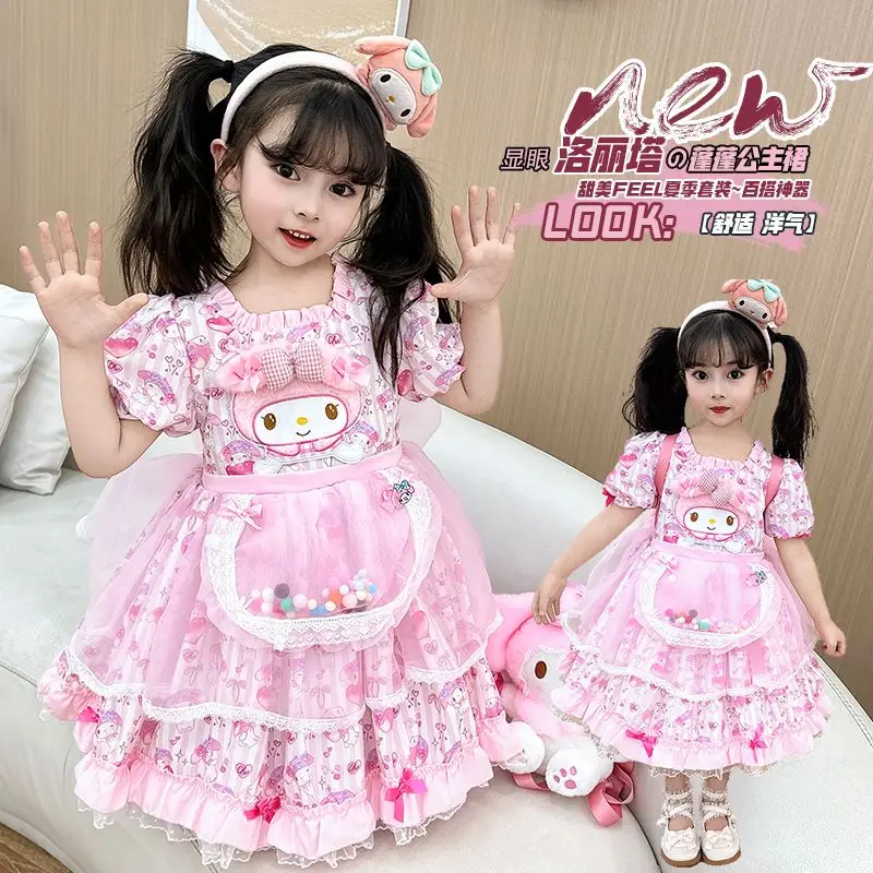 Nieuwe Anime Sanrios Jurk Kawaii Mijn Melodie Meisjes Schattige Lolita Prinses Rok Korte Mouw Mode Sluier Verjaardagsfeestjurk Cadeau