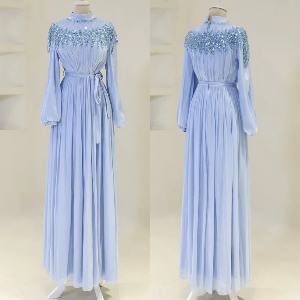 

Customized Chiffon Sequined Sash Pleat High Collar A-line Long Dresses Bespoke Occasion Classic Evening Gown Exquisite Glitter
