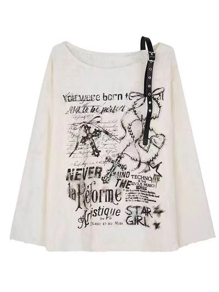 Y2K Ästhetisches Off Shoulder T-shirt Frauen Vintage Gothic Grunge Hot Chick Print Tops Langarm Mode Design Casual Kleidung