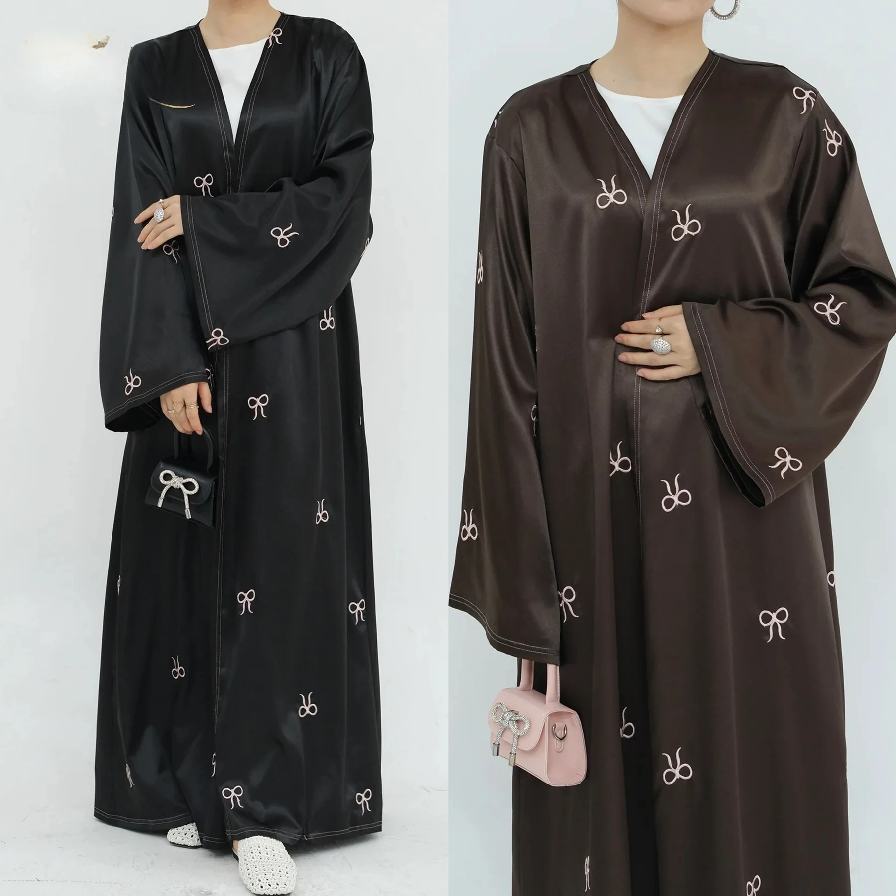 

Muslim Fashion Abaya Islamic Clothing Satin Open Abayas Embroidery Bowknots Dubai Abaya Women Muslim Dress Cardigan Wholesale