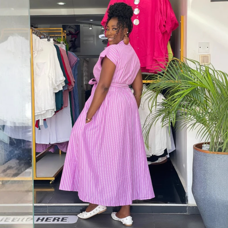 새로운 아프리카 패션 여성 드레스 시크 스트라이프 프린트 반팔 슬림 허리 빅 헴 롱 셔츠 드레스