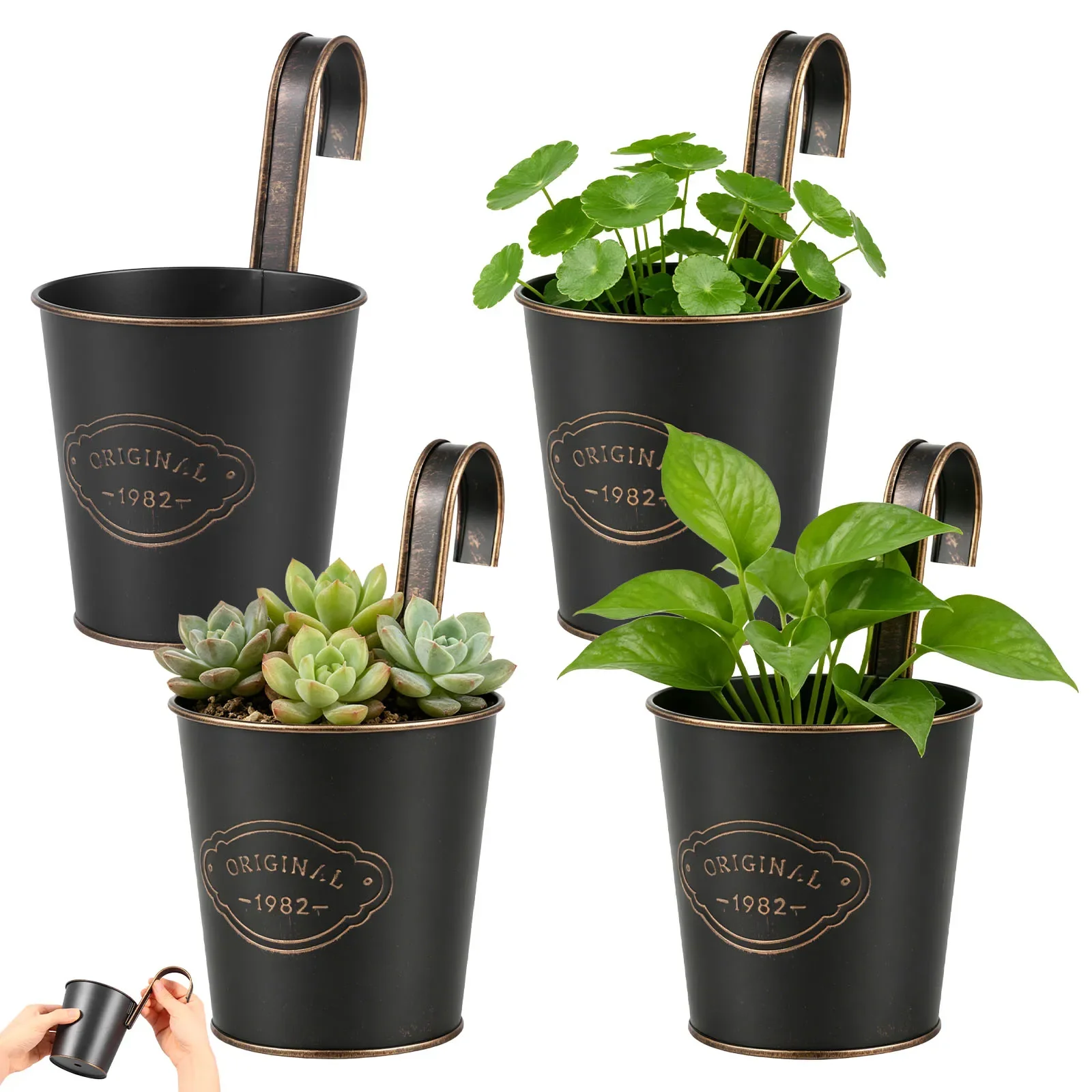 4 Pcs Metal Hanging Flower Pot Balcony Fence Wall Hanging Planters Detachable Hook Indoor Outdoor Garden Decoration