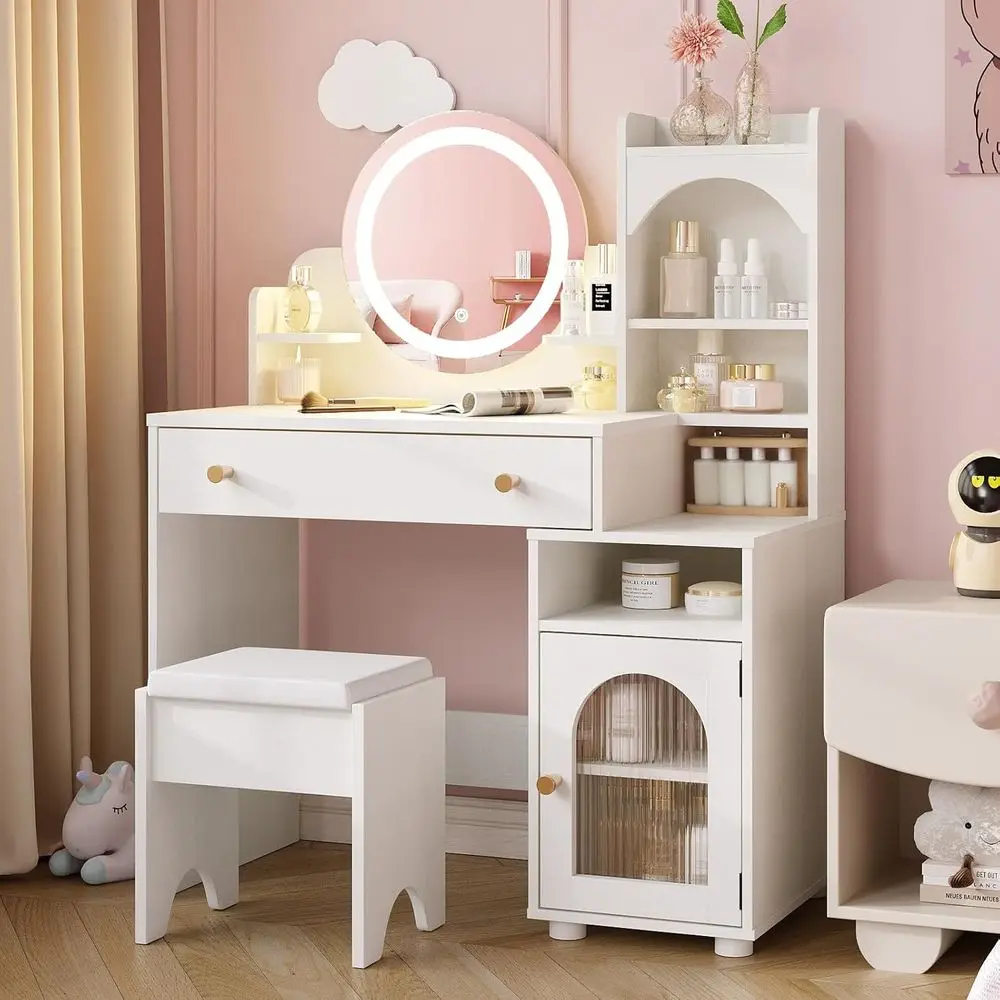 Children's Vanity Table and Chair Set, 2-in-1 Makeup Vanity with Mirror & Lights, Wooden Pretend Play Desk for Ages 5-12, White