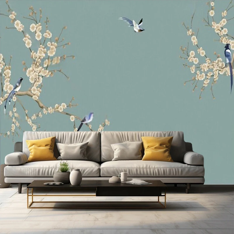 Hand-Drawn High-End Magnolia And Bird-Themed New Chinese-Style TV Set Wall Decoration Flower Shop Hotel Decoration Background