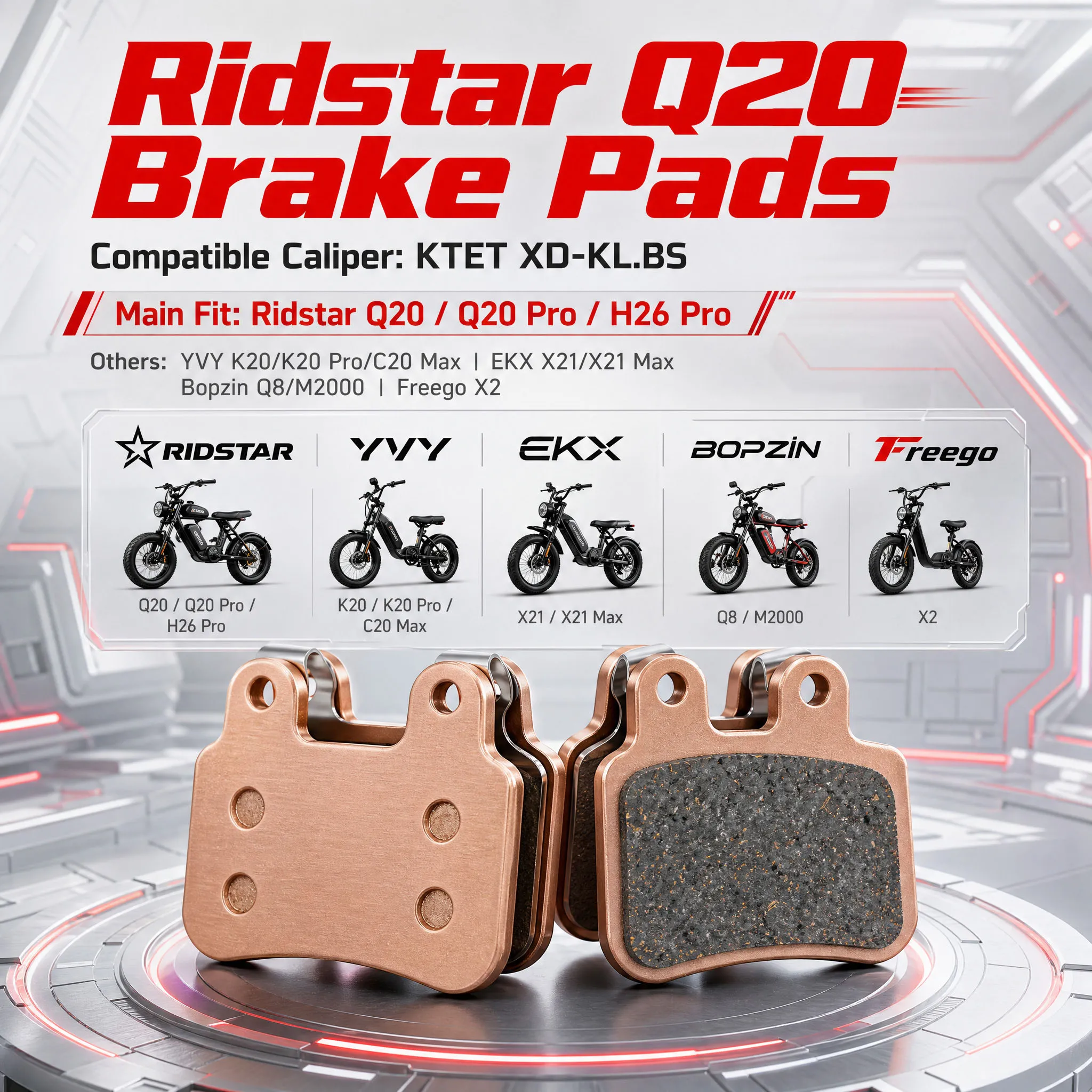 XD-KLBS-DOT4 Semi-Metal Brake Pads for Ridstar Q20 Q20 Pro H26 Pro Bopzin M2000 C21, Calipers Front & Rear
