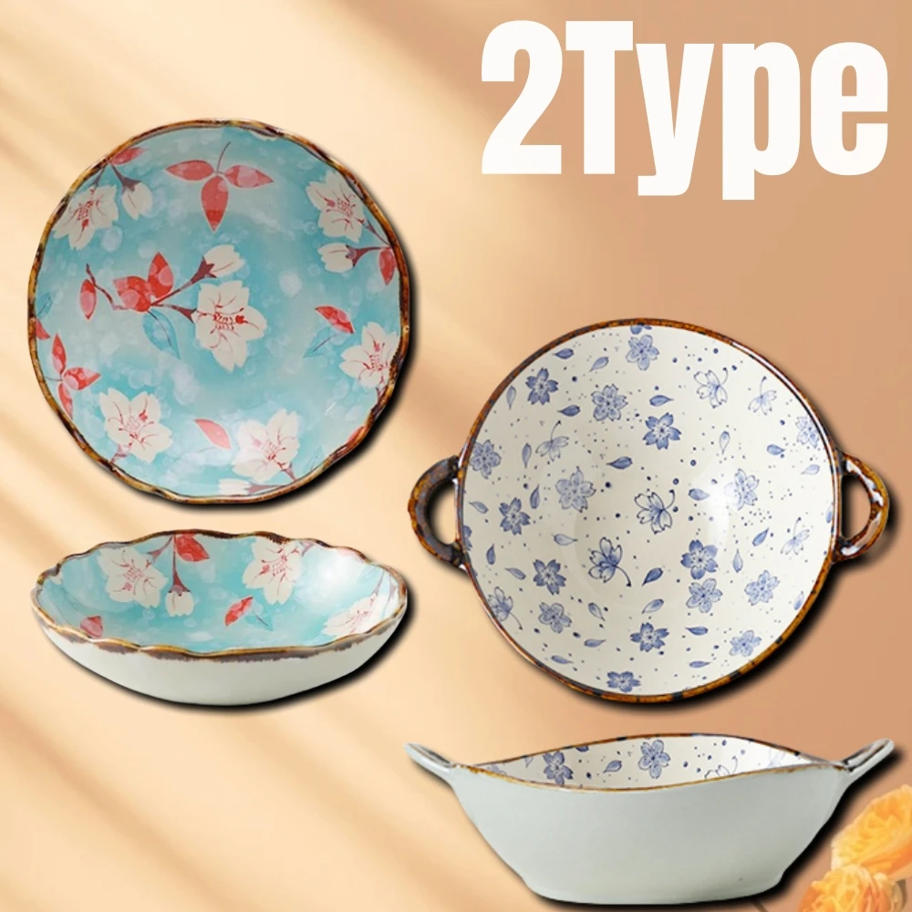 Japanese Style Ceramic Bowls Household Noodle Bowl With Handle Salad Pasta Bowl Kitchen Tableware Microwave Oven Bakware