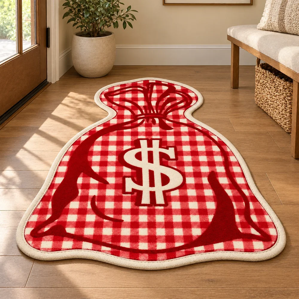 Red Gingham Money Bag Floor Mat with Dollar Sign, Soft Flannel Non Slip Accent Rug for Bedroom Living Room Entryway Decor