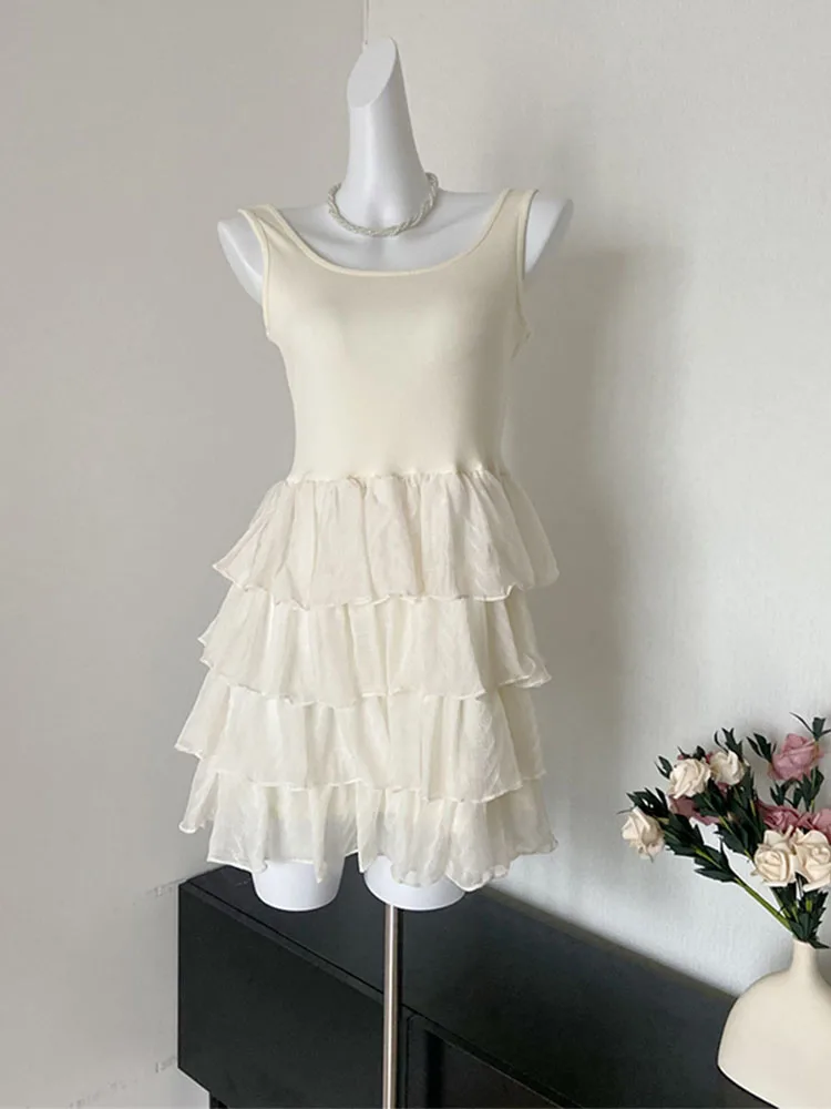 Vestido de verão para ocasiões formais, vestido simples de baile, colarinho quadrado, vestido em camadas, estético e monocromático, moda casual e sexy, anos 2000