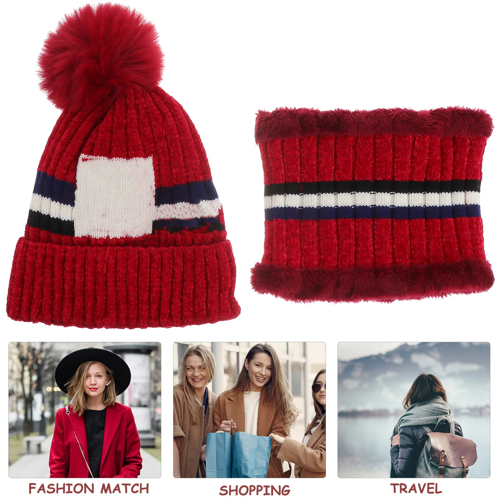 2 em 1 inverno cachecol de malha chapéu vermelho escuro multifuncional pescoço mais quente feminino crochê gorro macio quente malha boné tempo frio