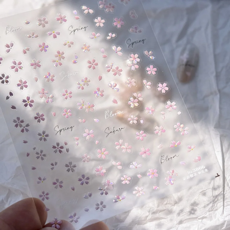 1pcs 5D Bronzing Kawaii Shining Roze Sakura Nail Art Stickers Japanse Bloem Zelfklevende Nail Decoraties Decals Accessoires