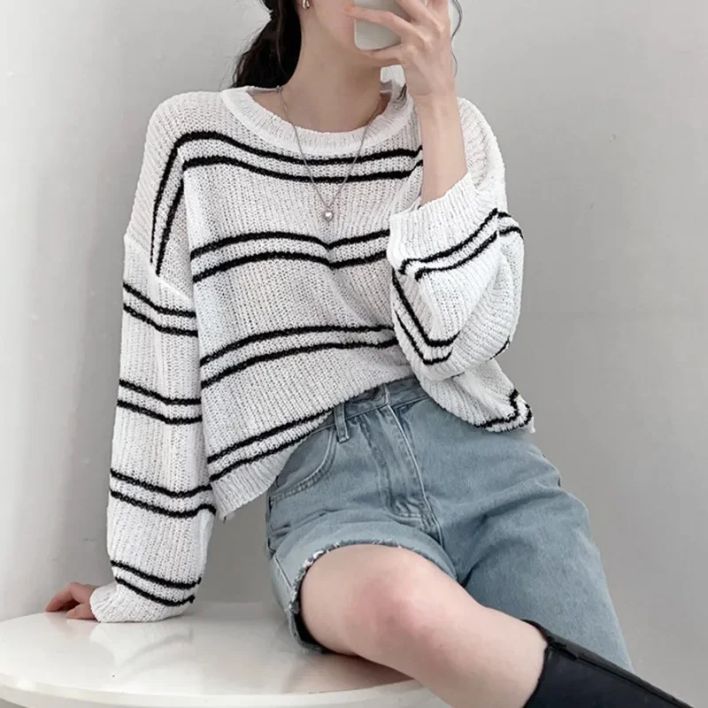 Striped Long Sleeve Sun Protection T-shirt Women Chic Autumn Thin Loose Knitted Top Hollow Short Air Conditioning Blouse Fashion