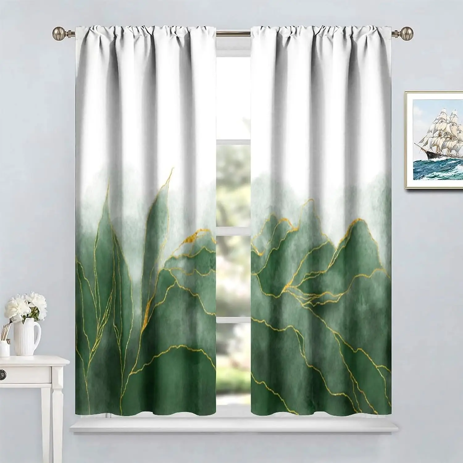 Green Marble Kitchen Curtains,Abstract Modern Green Watercolor Botanical Leaves Bedroom Living Room Kitchen Window Curtains