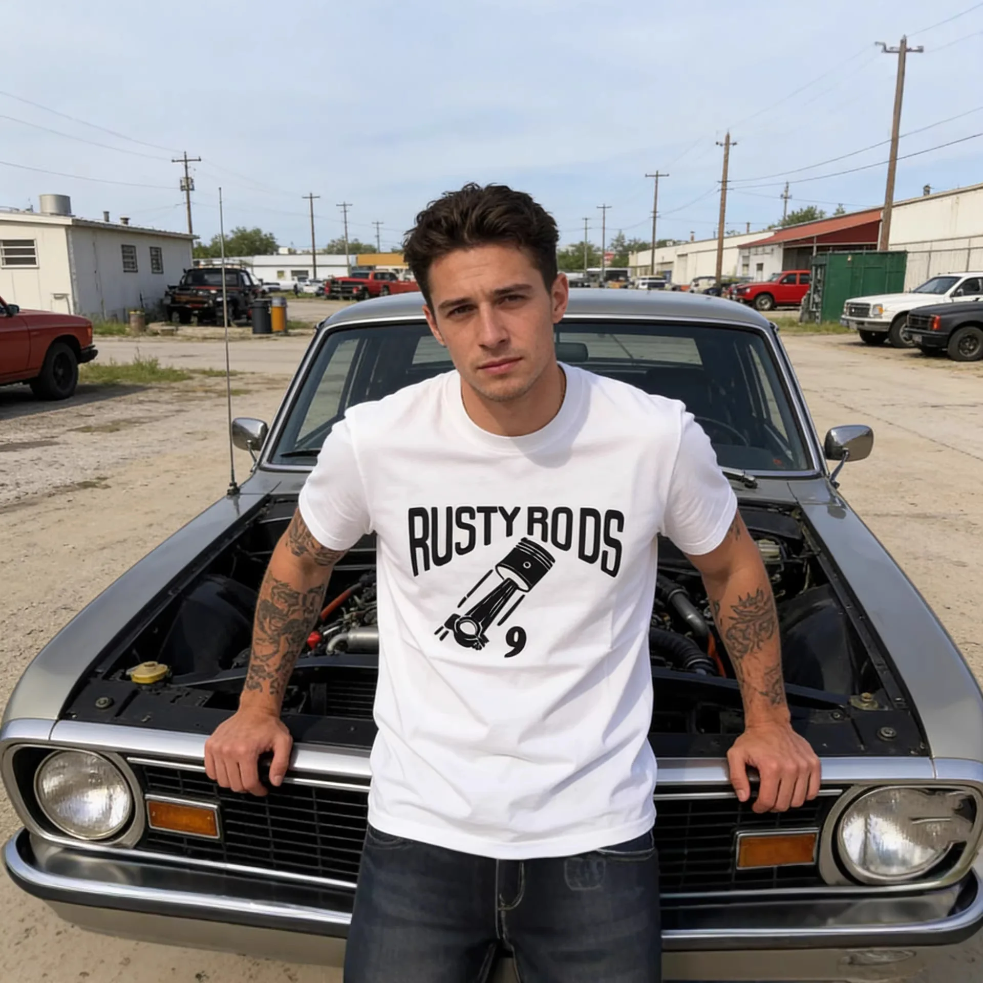 OKONKWO 255g Old Bamboo Cotton Piston Mechanical Modified Car Culture T-shirt American Retro Short Sleeve T-shirt