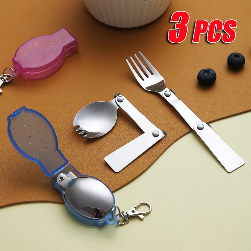 3PCS 304 Stainless Steel Folding Spoon Creative Gift Tableware Outdoor Portable Three Fold Spoon Fork Travel Folding Spoon