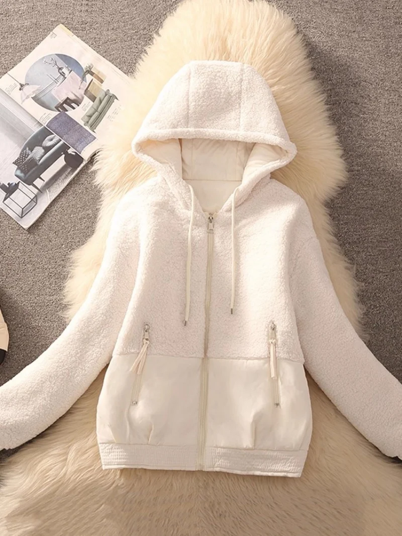 

Plush Winter Coat For Women 2025 Fashion Spliced Zipper Unique Warm And Thick Hooded Jacket Outerwear w1773