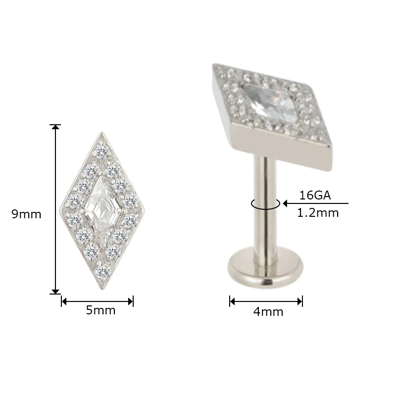 G23 Titanium EAR PIERC rhombus Surround CZ Paved Top Labret Studs Ear Cartilage Parallelogram Earrings Lip Stud Piercing Jewelry