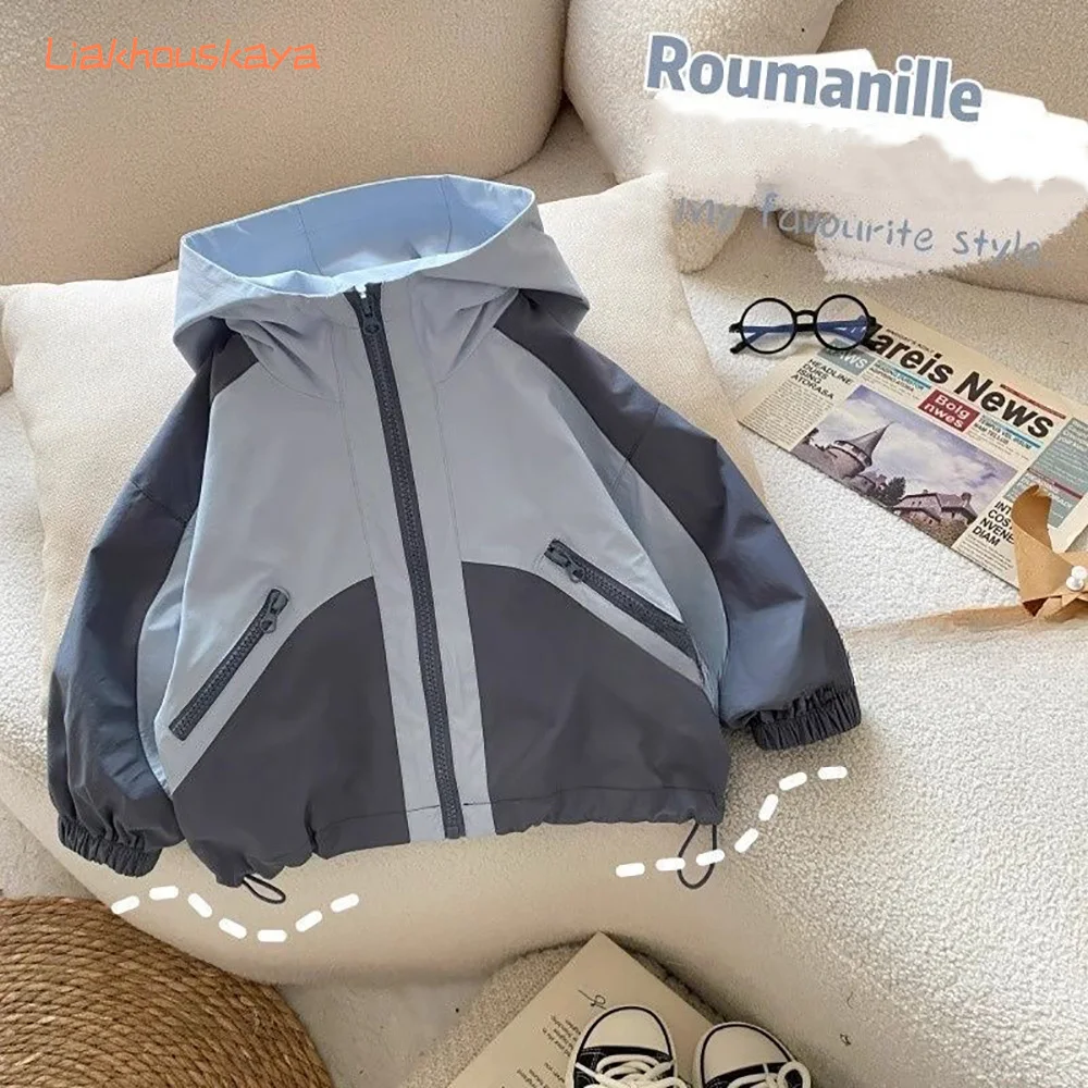 2025 New Boys Spring Autumn Hooded Jackets Fashion Casual Windbreaker Kids Outdoor Waterproof Jacket Trendy Boys Outerwear 2-14Y