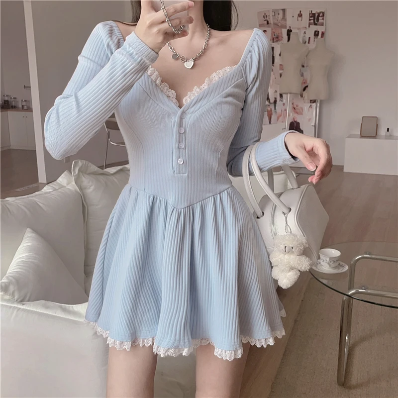 

Ladies Sweet Dress Lace Trimmed V-neck Long Sleeve A-line Mini Dress Lolita Style Y2k Fashion Kawaii Girls' Outfit White Dress
