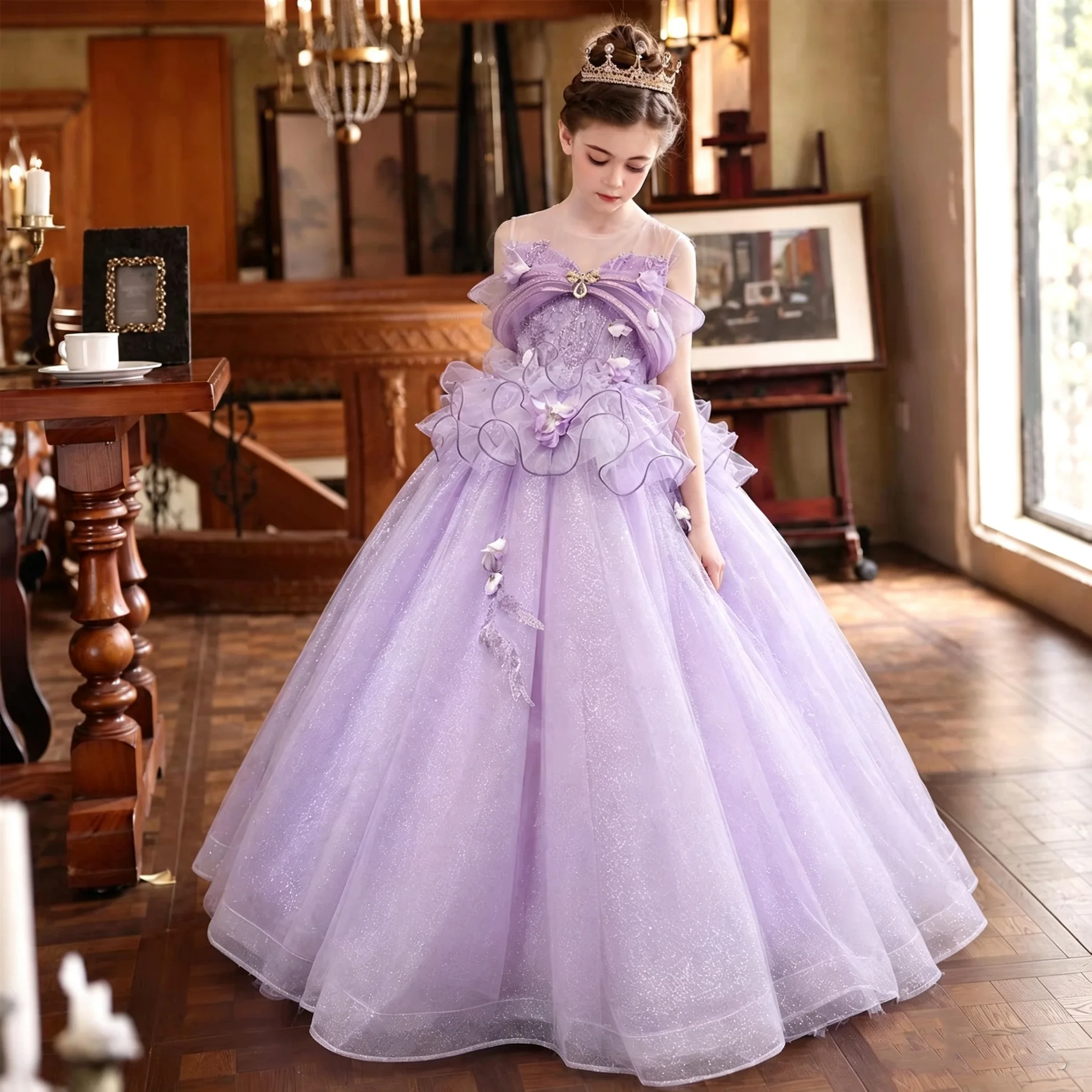 Dreamy Vow D308 Girls Lilac Flower Dress, Sparkle Tulle Off Shoulder with 3D Rose, Princess Gown for Wedding Pageant Birthday