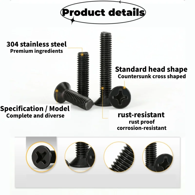 M2 M2.5 M3 M4 M5 M6 Black 304 Stainless Steel Phillips Flat Countersunk Head Screw Bolt Black Cross Recessed Screw