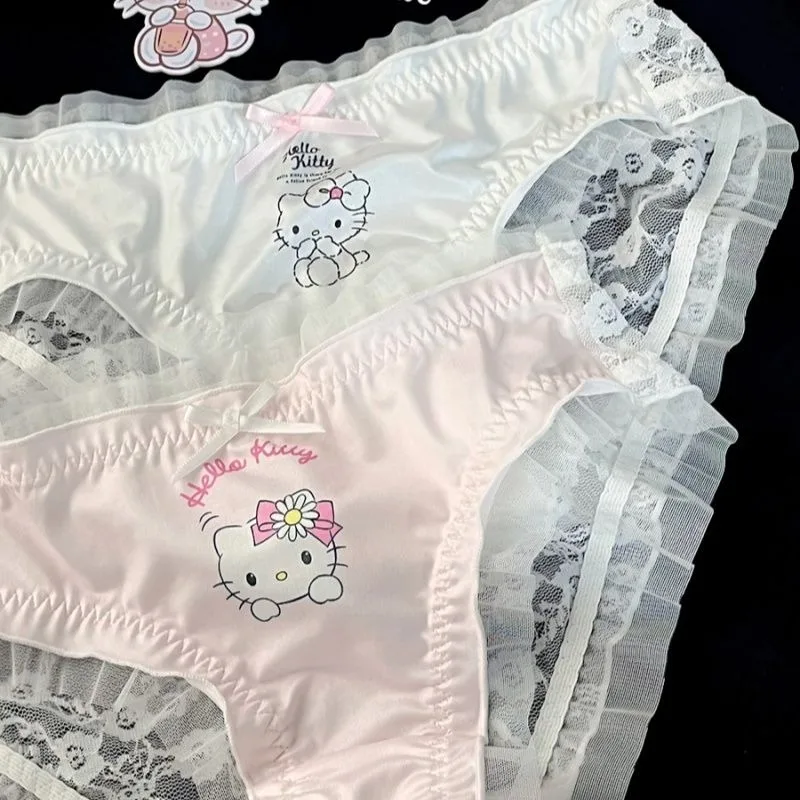 Hello Kitty Kawaii Sexy Cute Lace Transparent Sweet Love Printed Women Briefs Underwear Bow Panties Student Intimates Lingerie