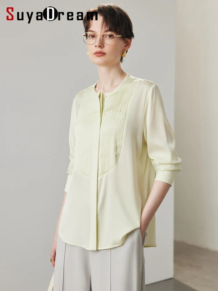 

SuyaDream, Women Solid Shirts, 19mm 90%Silk 10%Spandex, Round Collar, Chic Shirts, 2024 Spring Summer Casual Top