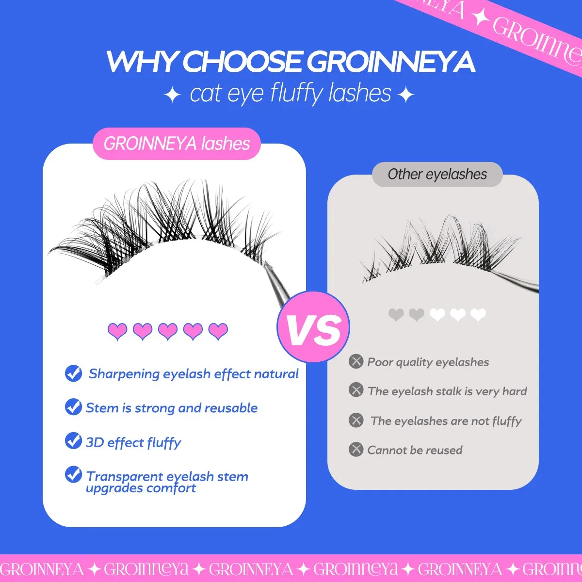 GROINNEYA 7 Pairs Cat Eyelashes Invisible Band Lash Extension Natural False Eyelashes Cross Cluster Fairy 3D Faux Fox Lashes