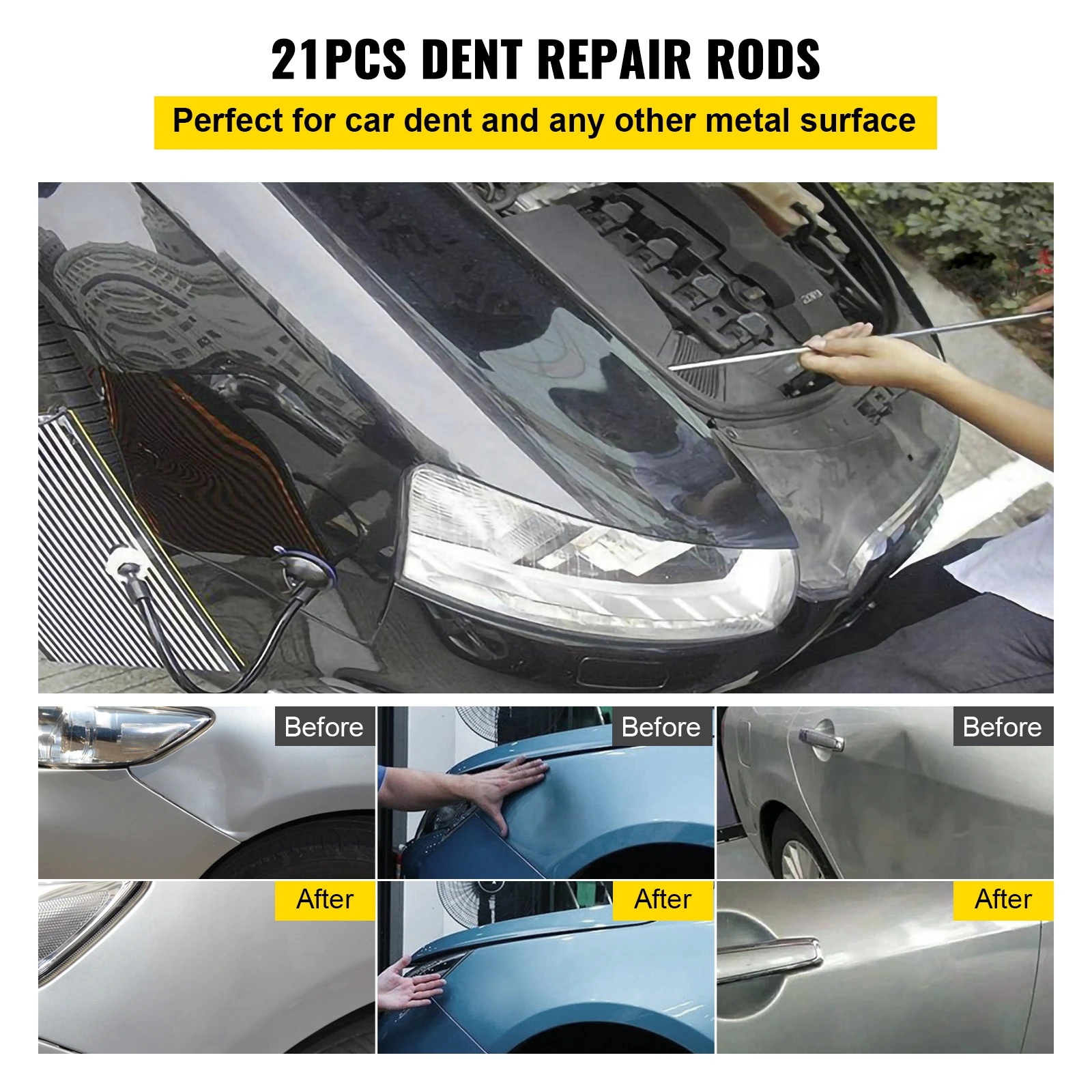 VEVOR 21 Pcs Paintless Dent Repair Rods Professional Hail Dent Removal Tool For Minor Dents Door Dings And Hail Damage