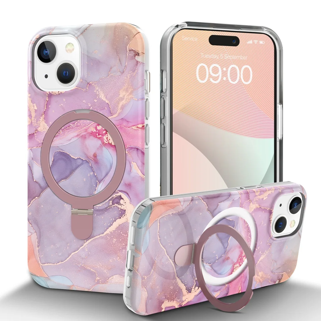 Fit iPhone 15 Plus Marble pattern with Magnetic Invisible Stand compatible With MagSafe Shockproof Slim Phone Case For iPhone 15