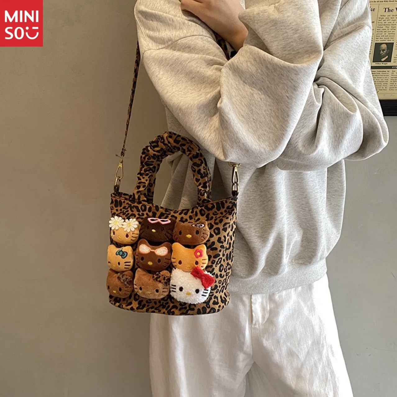 Miniso 2025 Black Hello Kitty Tote Bag, Canvas Bucket Purse with Leopard Print & Plush Toy