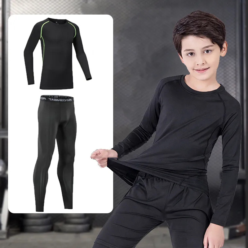 (110-160cm)Children Quick Dry Exercises Training Suit Set Tights Running Basketball Teenager Sport Long Sleeve Shirt+Pants