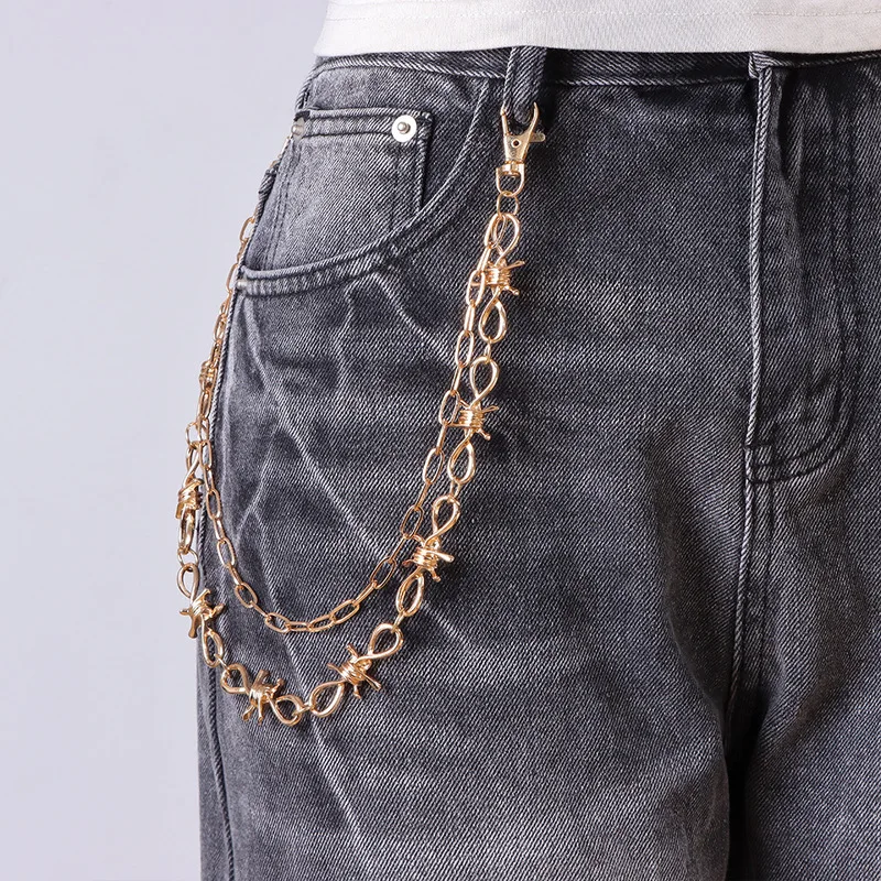 Barbed Wire Multi‑Layer Pants Chain Silver Metal Waist Chain Punk Gothic Jeans Keychain Hip‑Hop Street Fashion Ornament