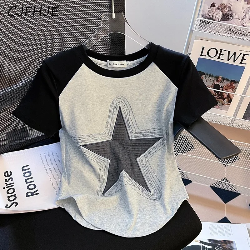 

CJFHJE New Classic Fashion Women's Shoulder Short Sleeve T-shirt Summer Simple Korean Round Neck Women's Slim Fit Short Top