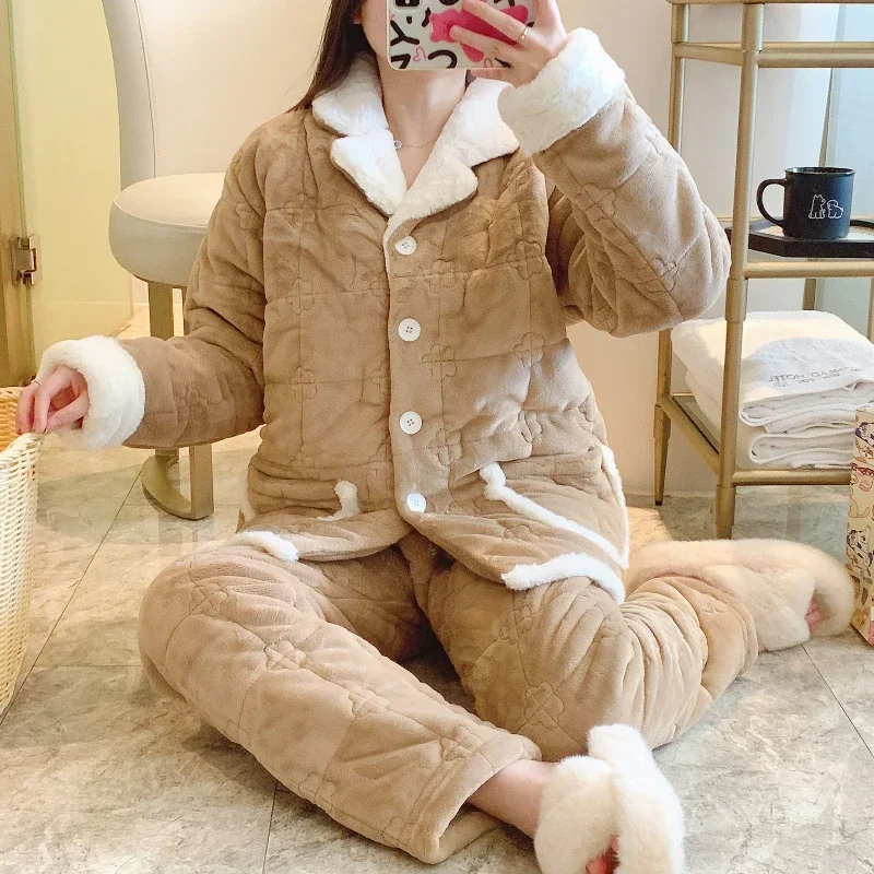 New Warm Pink Thick Pajamas Women Winter Nightgown Flannel Suit Coral Fleece Autumn Winter Loungewear Comfort Simple Sleepwear