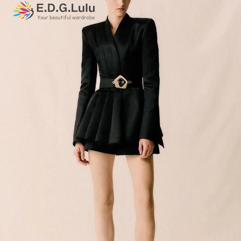 

EDGLuLu Дизайнерская женская одежда с v-образным вырезом и длинными рукавами, черный пиджак с талией и складками для тонкого блейзера + ремень 1008