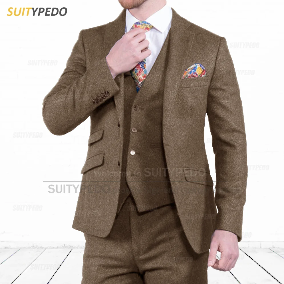 

Tweed Suits Men Slim Fit Classic Herringbone Jacket Vest Pants 3 Pieces Groom Retro Wedding Tuxedos Fashion Mens Business Blazer