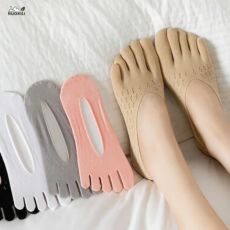 Thin Separated Toe Socks for Daily Wear Women Summer Mesh Five Toe No Show Socks Breathable Anti-Slip Low Cut Boat Socks