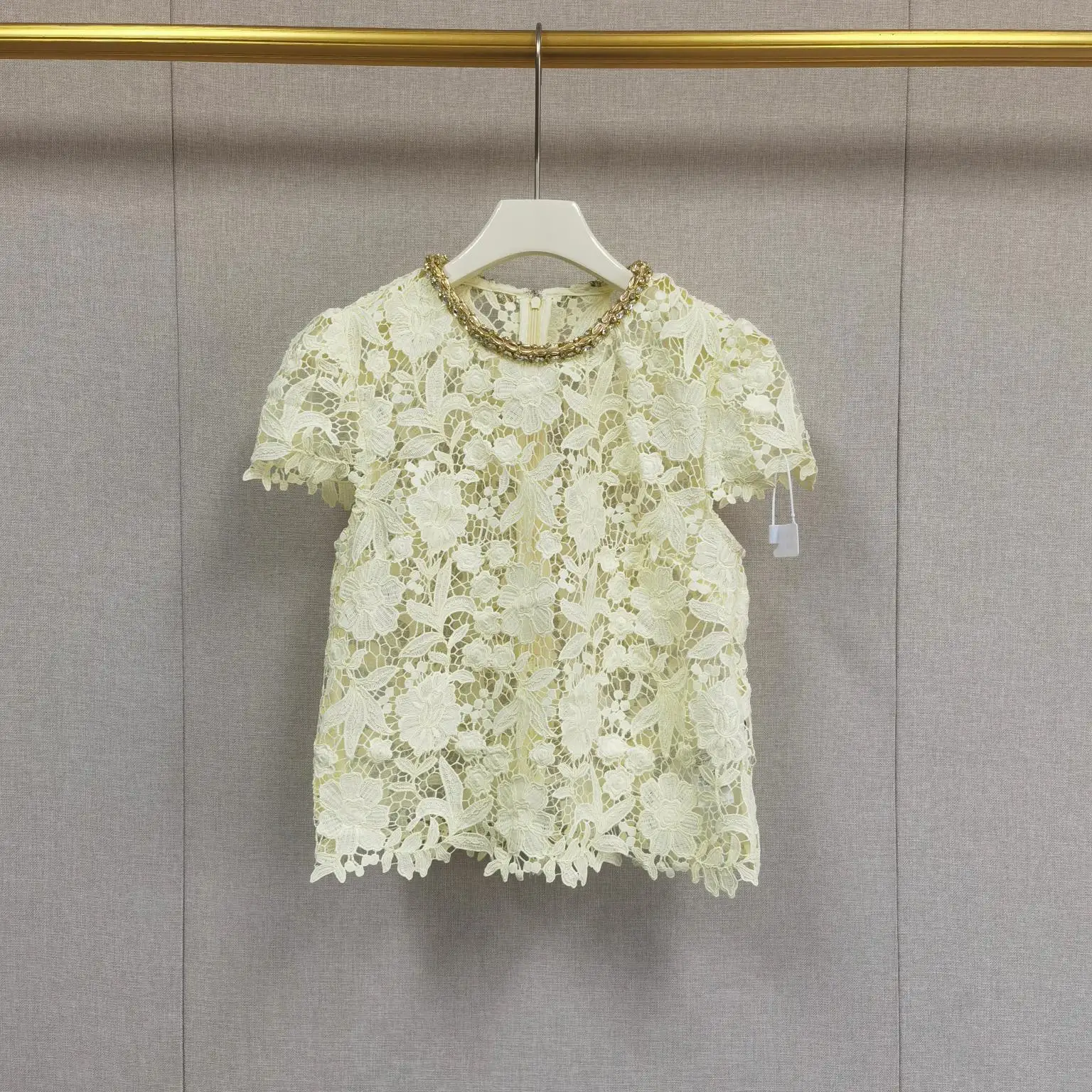 

Yellow Hollow out Lace Shirt Short Sleeve Diamond Elegant Style Women's Polyester Fiber Spring Summer Fashion Trend