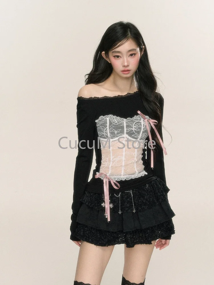 Autumn Coquette Y2k Sexy Lace Crop T Shirt Women 2024 Fashion Korean Kpop Streetwear Patchwork Tees Black Long Sleeve Tops