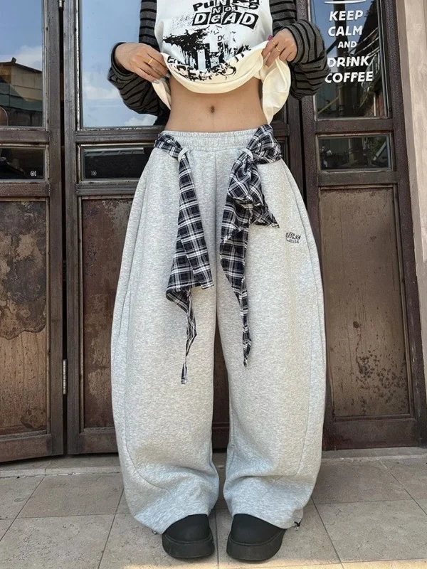 

plus Size Men Women Casual Loose Fleece Wide Leg Pants Dance Style Grid Curtain Pants Autumn Winter New Arrival Knife Pants